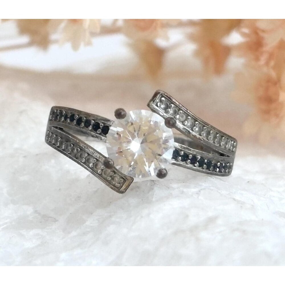 Dual Toned Cubic Zirconia Bypass Split 925 Sterling Silver Vintage Ring - sz 7